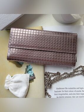 Dior Lady Dior Micro-Cannage Metallic Rose Gold Wallet On Chain New